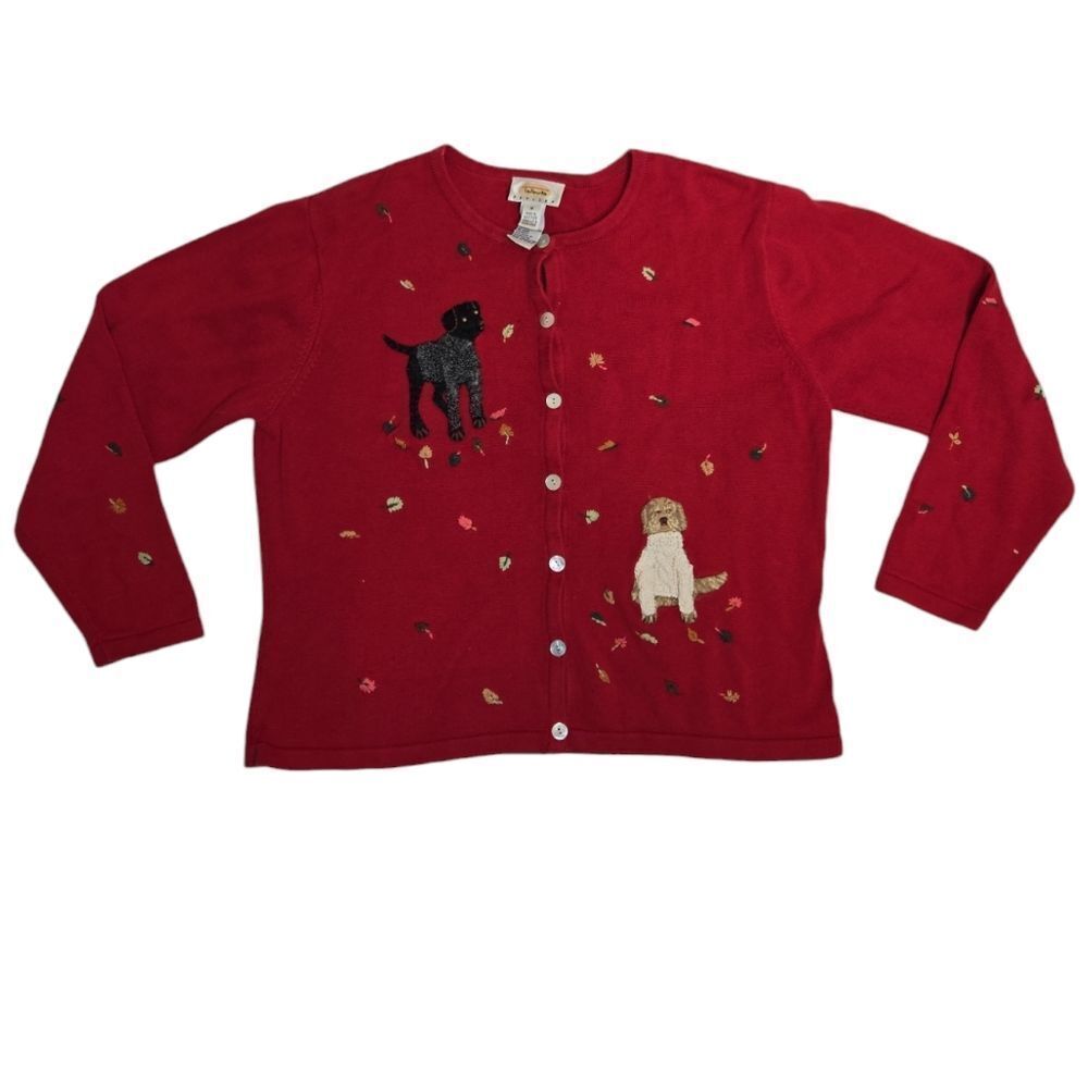 VINTAGE 90s red Talbots‎ dog felted fall leaves button up holiday cardigan S/M
